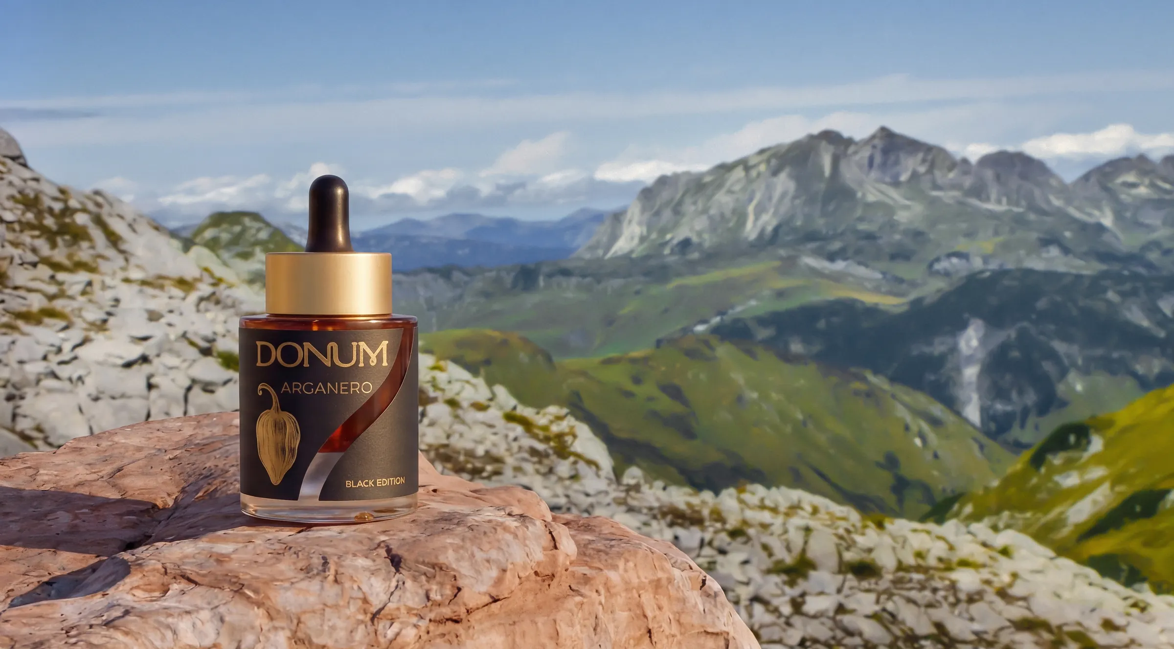 Der ARGANERO Flakon auf einem Felsblock vor einem Alpenpanorama